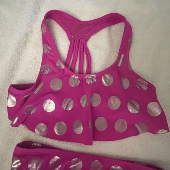 Girls size 7 Justice bright pink with silver colored circles racer back bikini - Picture 2 of 11